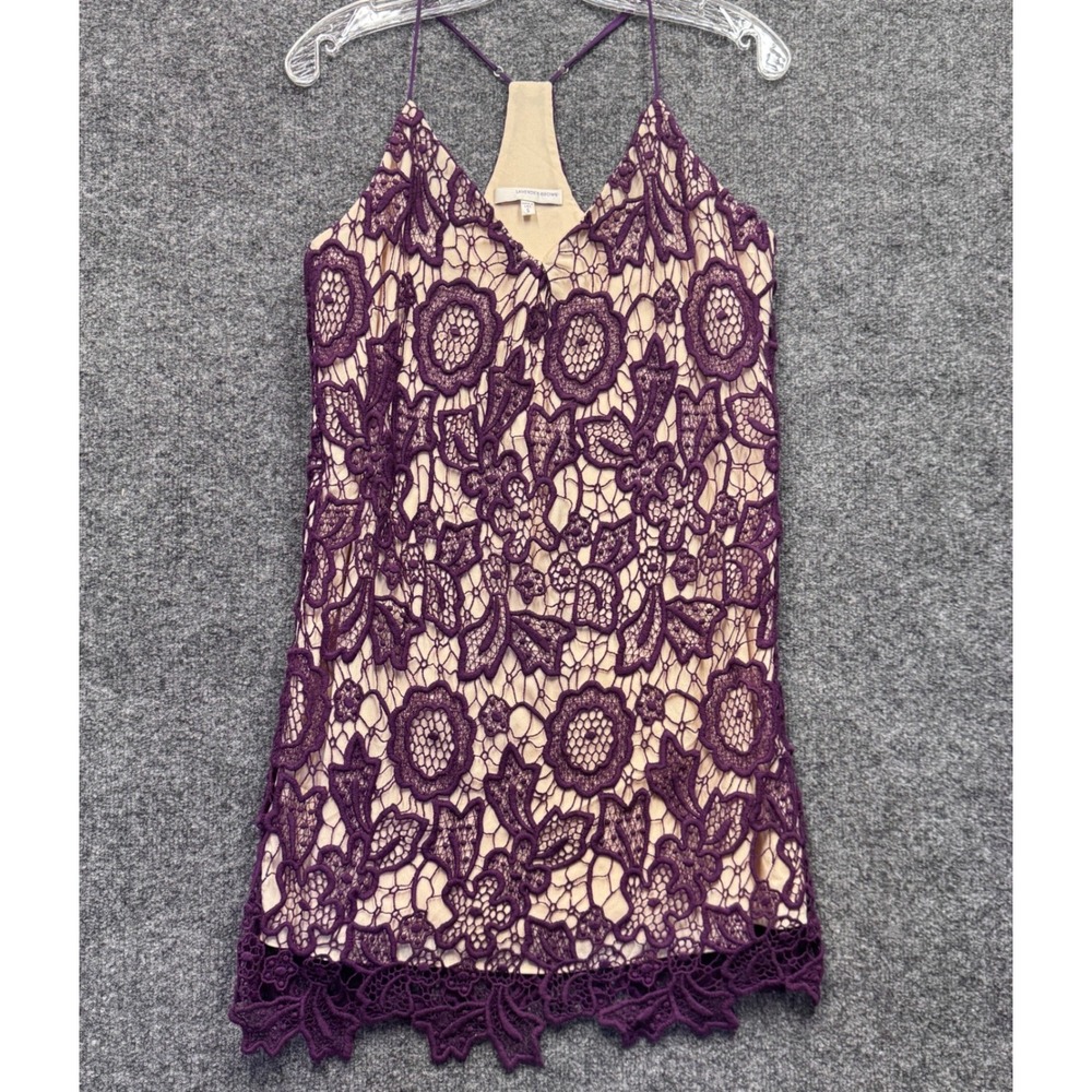 Lavender Brown Lace Mini Dress Womens S Purple Floral Racerback Boho Coquette